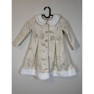 Blueberi Boulevard Girls Ivory Metallic Jacquard‎ Faux Fur Collar Coat Size 4